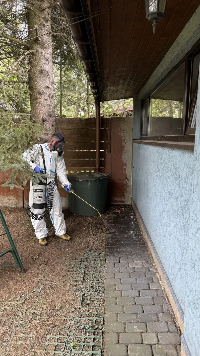 Profesjonalny oprysk insektycydowy wokół budynku — bariera przeciw krocionogom