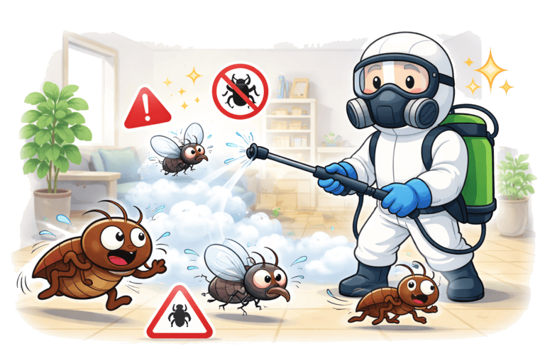 Specjalista w kombinezonie wykonujący zamgławianie przeciw owadom