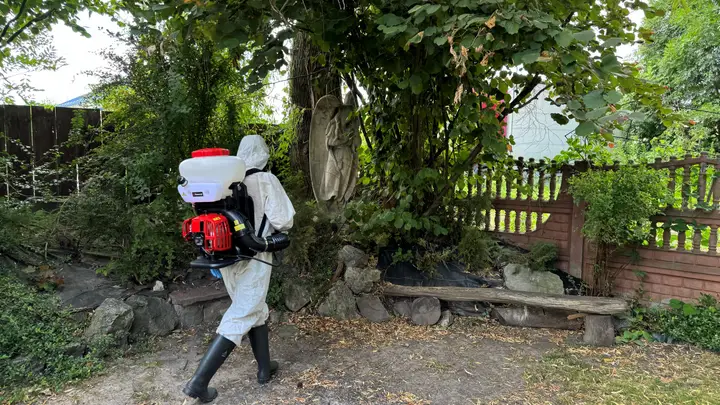 Zabieg oprysku na terenie posesji — Venator Pestis, usługi DDD Kraków i Małopolska