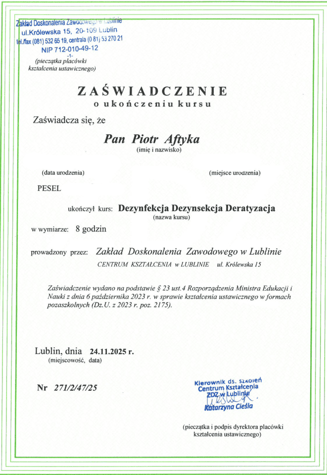 Zaświadczenie o Ukończeniu Kursu Dezynfekcja Dezynsekcja Deratyzacja